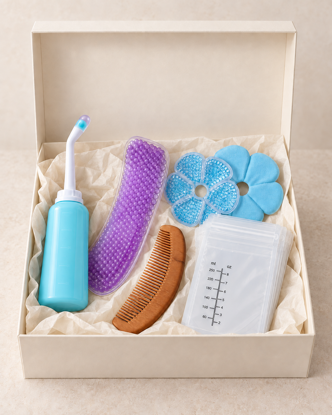 De Lelova Postpartumbox met peri bottle, kraamverband, bevalkam, borstcompres en bewaarzakjes